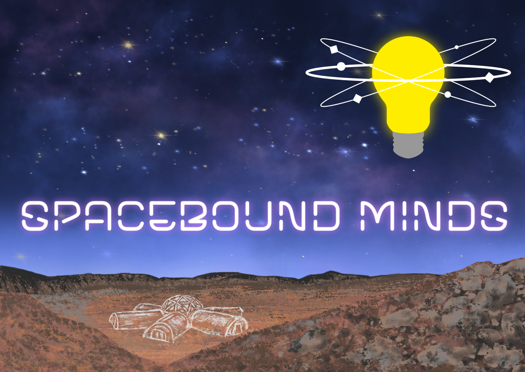 Picture of a postcard showing the Spacebound Minds logo and a model of the space station.
