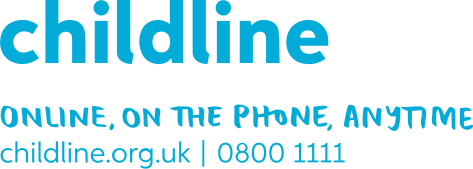 blue childline logo. First line of text undearneath the logo reads 'online, on the phone, anytime'. Second line of text reads 'childline.org.uk' and '0800 1111'