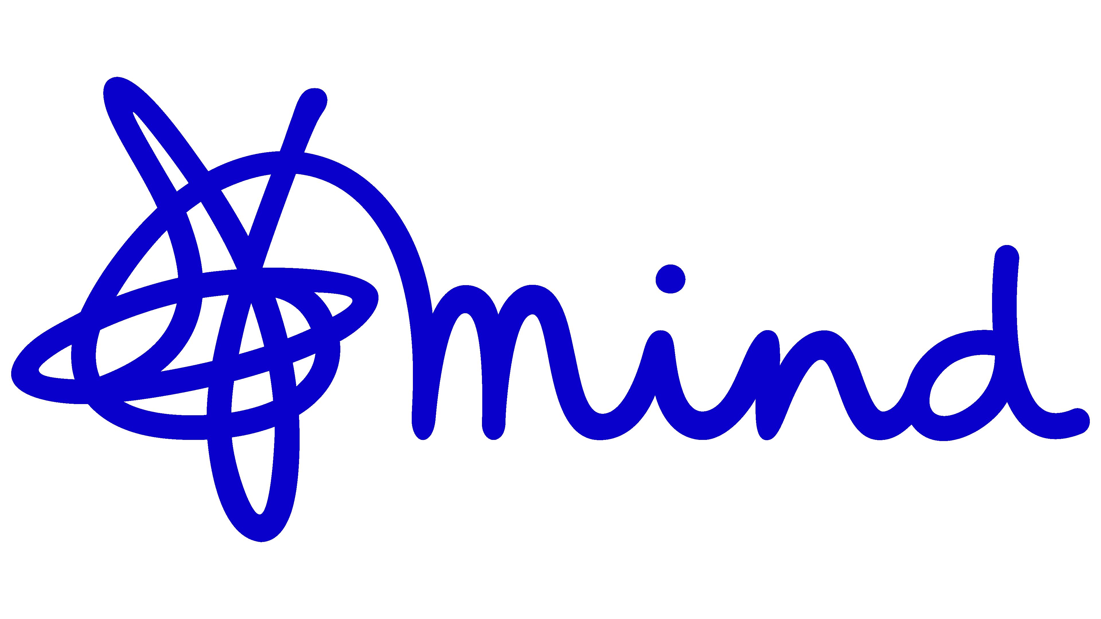 Mind logo in blue. A blue scribble connects to the word 'mind', written in lowercase in a handwriting-style font.