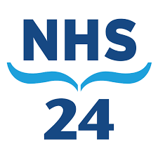 NHS 24 logo. 'NHS' in capital letters in navy blue with symmetrical blue waves underneath and '24' in navy blue at the bottom.