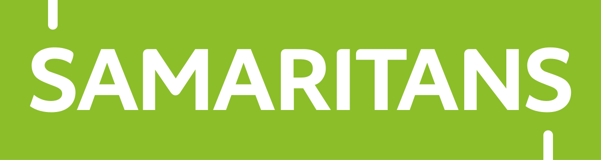 Samaritans logo. A green rectangle with small cut-outs in the top right and bottom left with white text that reads 'Samaritans' in capital letters.
