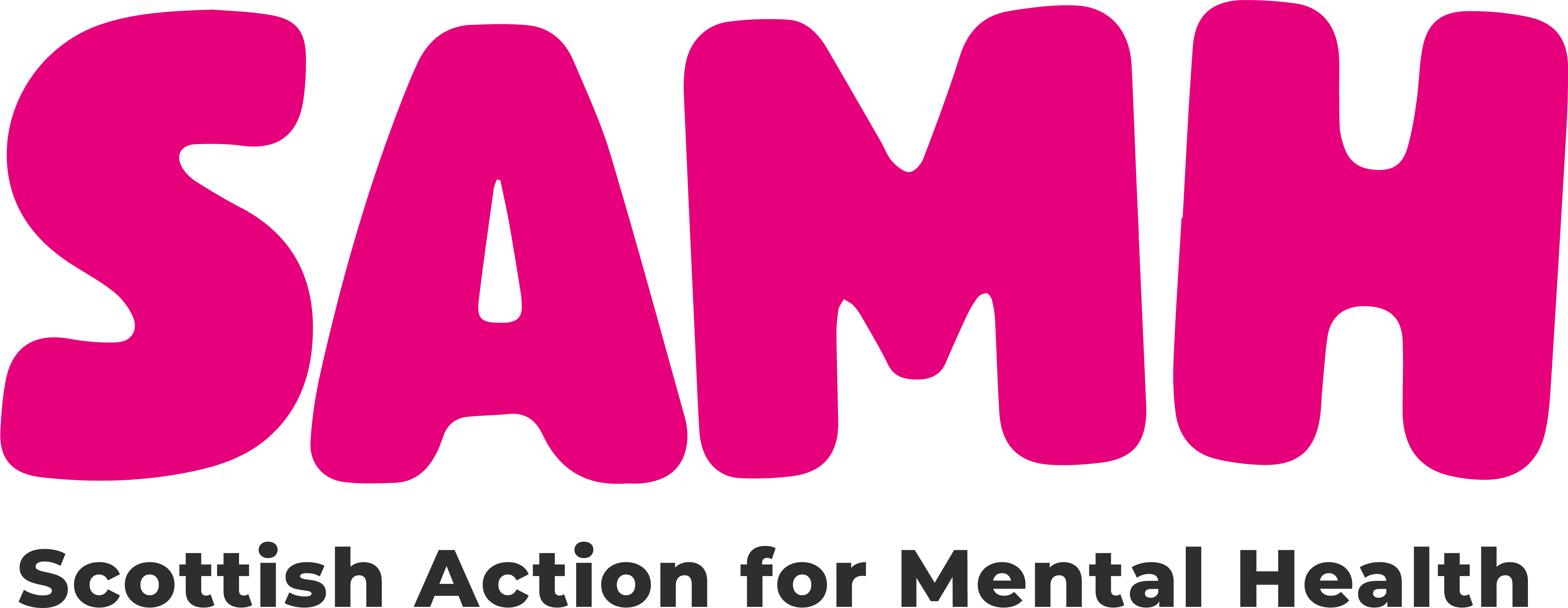 SAMH logo. 'SAMH' is written in pink capital letters. black text below reads 'Scottish Action for Mental Health' in letter case.