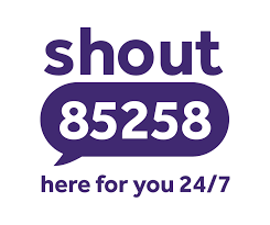 Shout logo. 'shout' is written in lowercase purple text. below this is a purple speech bubble with '85258' written in white text. at the bottom of the logo 'here for you 24/7' is written in lowercase purple text.