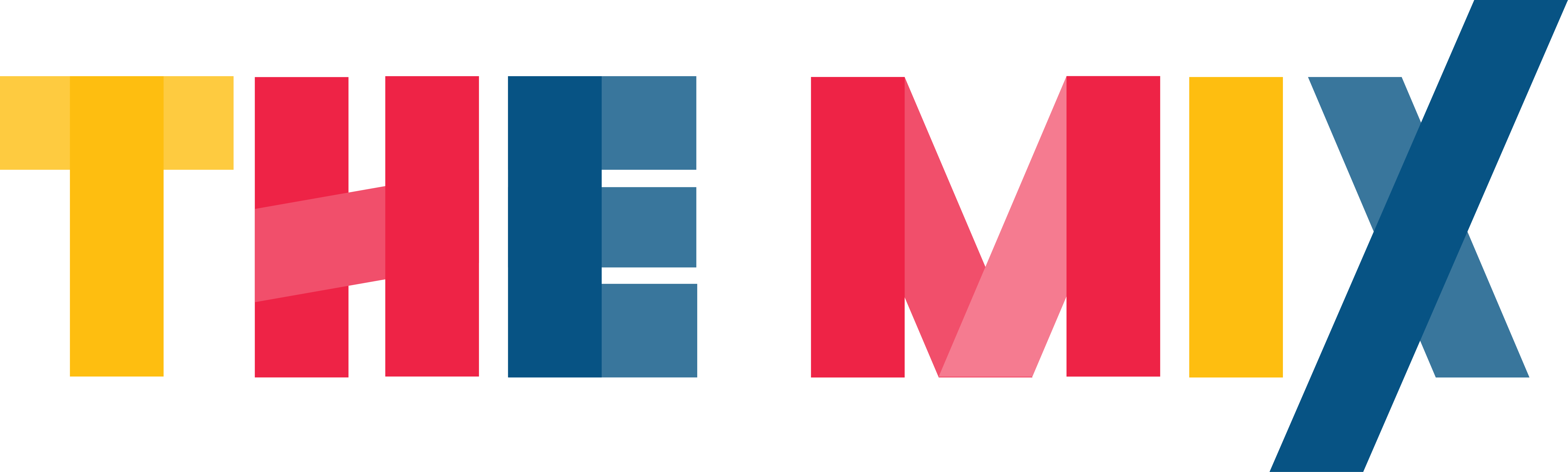 The Mix logo. 'The Mix' is written in capital letters. The colour of each letter alternates between yellow, magenta and blue.